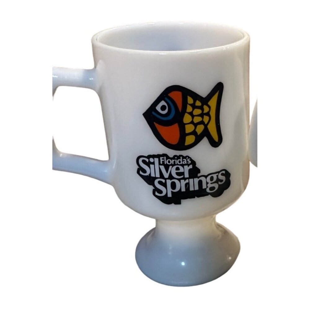 Vintage Milk Glass Silver Springs Florida Pedestal Coffee Mug